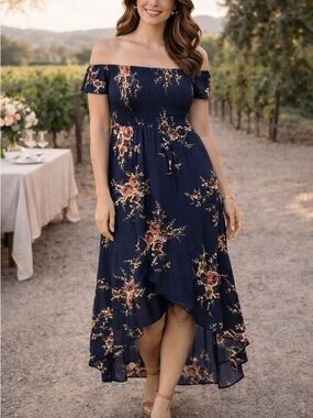 Omonsim Navy Floral Off-Shoulder Maxi Dress | Asymmetrical Hem Boho Romantic